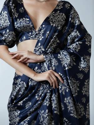 Navy blue ethnic motifs satin designer block print saree 3