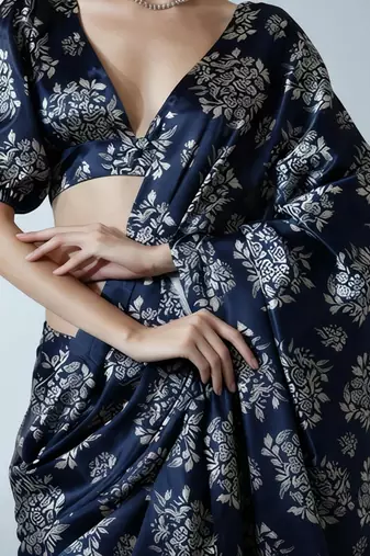 Navy blue ethnic motifs satin designer block print saree