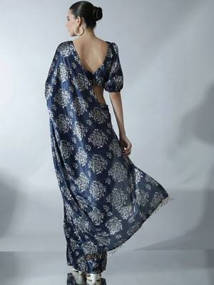 Navy blue ethnic motifs satin designer block print saree 4