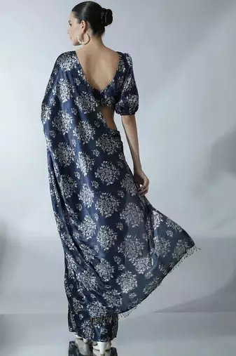 Navy blue ethnic motifs satin designer block print saree
