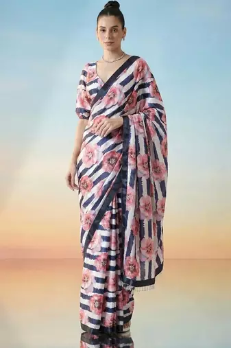 multicolor ready to wear floral satin block print saree
