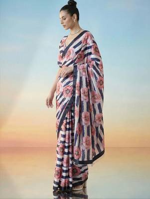 multicolor ready to wear floral satin block print saree 2