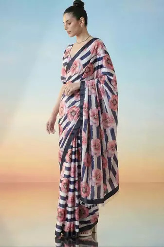 multicolor ready to wear floral satin block print saree