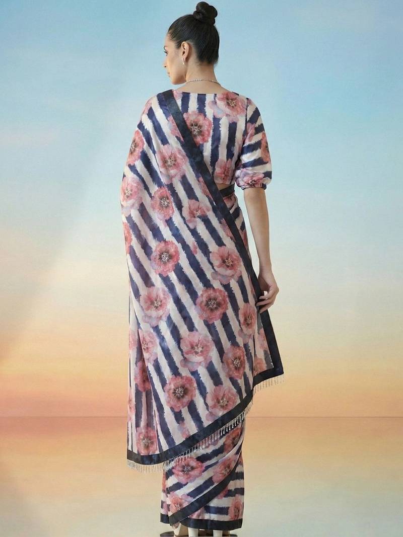multicolor ready to wear floral satin block print saree