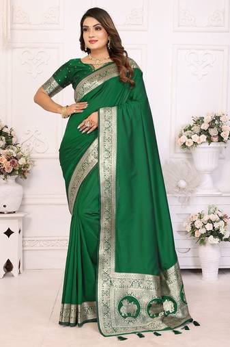 green solid banarasi saree with woven design zari border