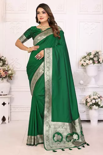 green solid banarasi saree with woven design zari border