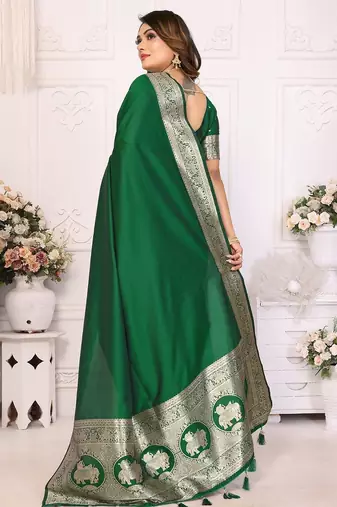 green solid banarasi saree with woven design zari border