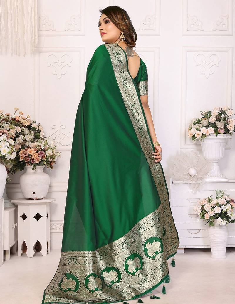 green solid banarasi saree with woven design zari border