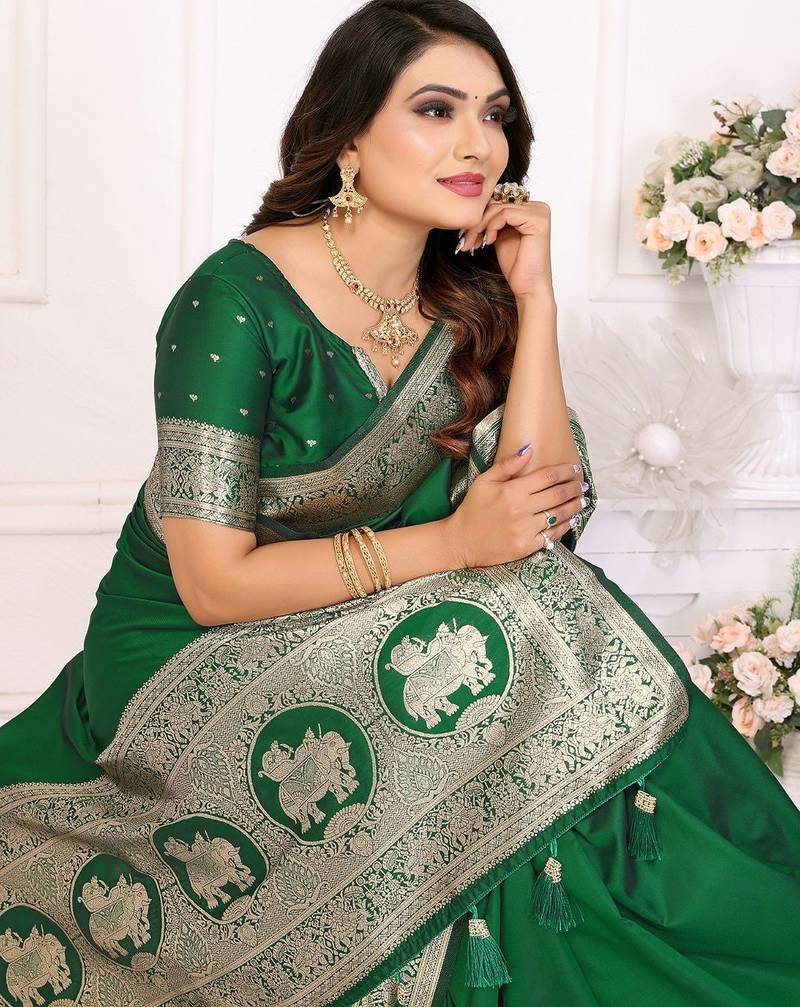 green solid banarasi saree with woven design zari border