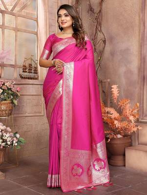 pink ethnic motifs woven design zari banarasi saree 1