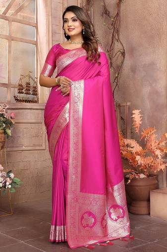 pink ethnic motifs woven design zari banarasi saree