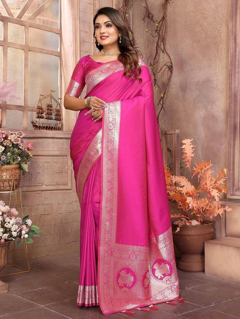 pink ethnic motifs woven design zari banarasi saree