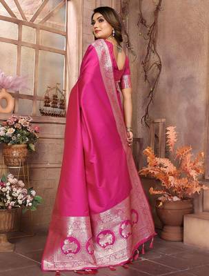 pink ethnic motifs woven design zari banarasi saree 2