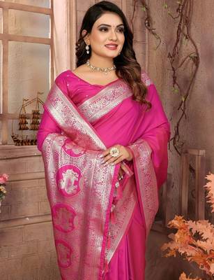 pink ethnic motifs woven design zari banarasi saree 3