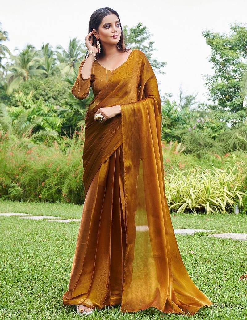 Mustard plain organza ready to wear saree