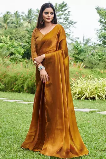 Mustard plain organza ready to wear saree