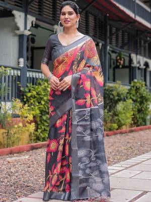 grey floral pure cotton saree 1