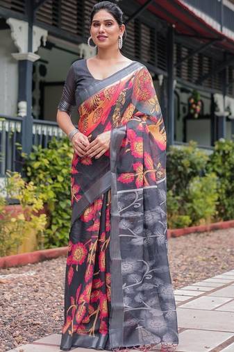 grey floral pure cotton saree