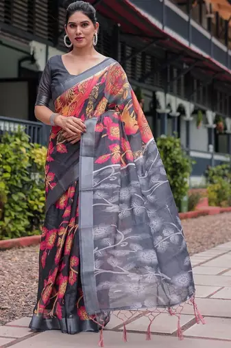 grey floral pure cotton saree
