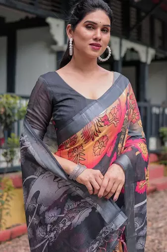 grey floral pure cotton saree