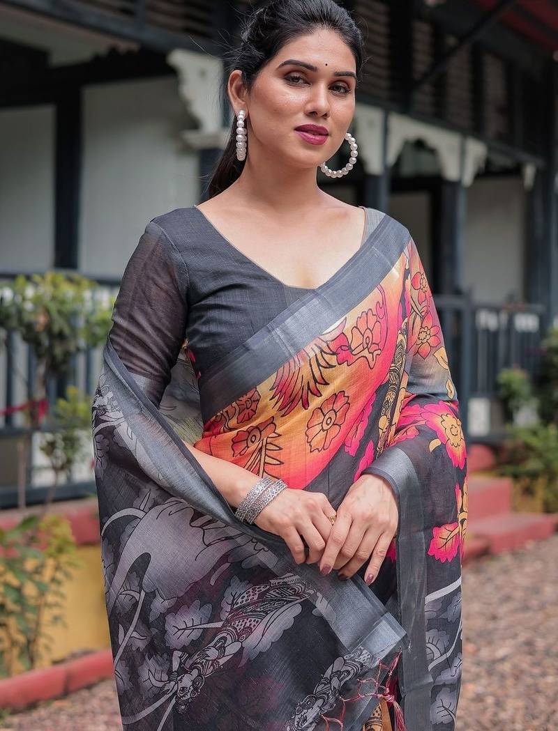 grey floral pure cotton saree