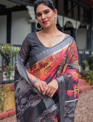 grey floral pure cotton saree 4