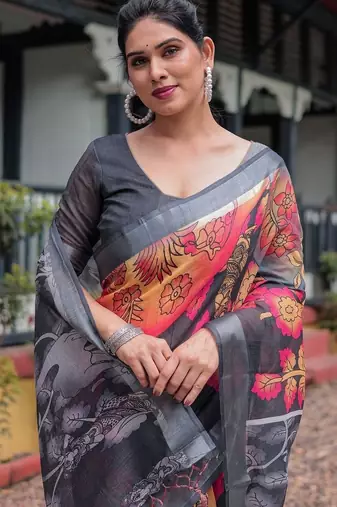grey floral pure cotton saree