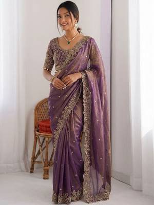 purple ethnic motifs embroidered pure chiffon saree 1