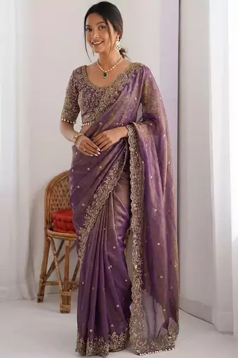 purple ethnic motifs embroidered pure chiffon saree