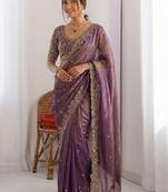 purple ethnic motifs embroidered pure chiffon saree