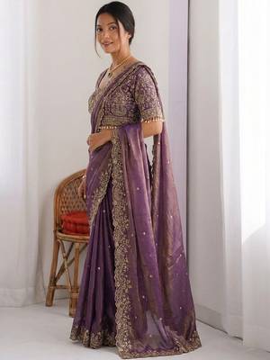 purple ethnic motifs embroidered pure chiffon saree 2