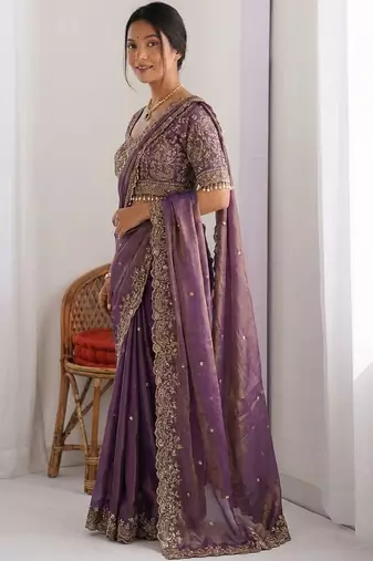 purple ethnic motifs embroidered pure chiffon saree