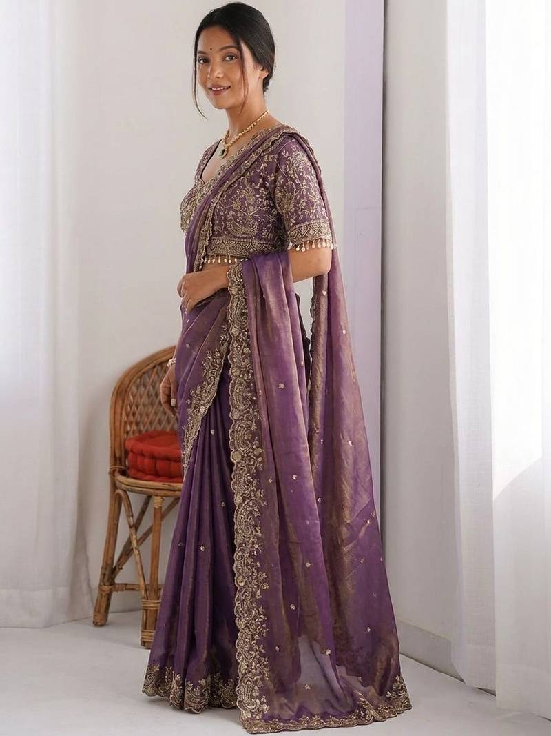 purple ethnic motifs embroidered pure chiffon saree