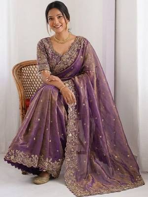 purple ethnic motifs embroidered pure chiffon saree 3