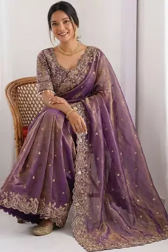 purple ethnic motifs embroidered pure chiffon saree