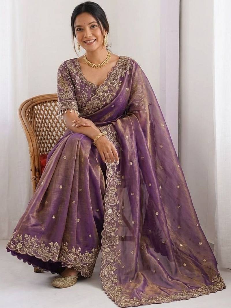 purple ethnic motifs embroidered pure chiffon saree
