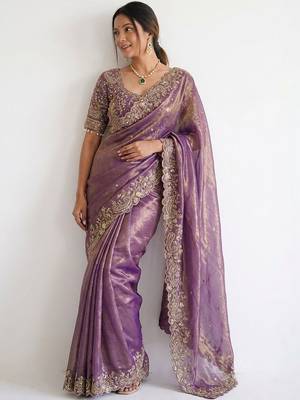purple ethnic motifs embroidered pure chiffon saree 4