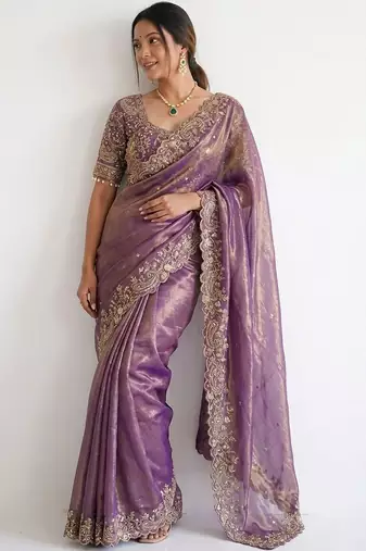 purple ethnic motifs embroidered pure chiffon saree