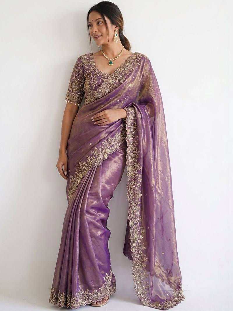 purple ethnic motifs embroidered pure chiffon saree
