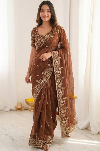 Brown embellished embroidered satin heavy work saree
