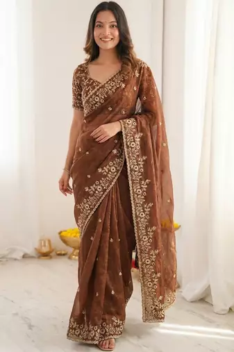 Brown embellished embroidered satin heavy work saree