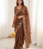 Brown embellished embroidered satin heavy work saree