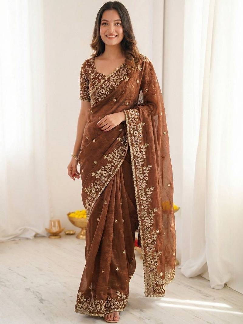 Brown embellished embroidered satin heavy work saree