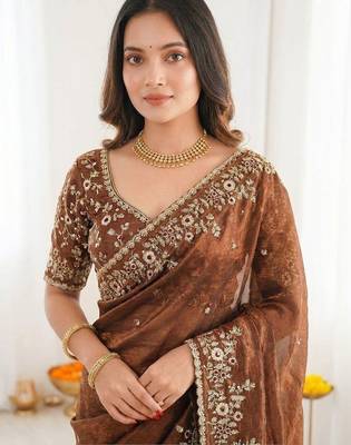 Brown embellished embroidered satin heavy work saree 2