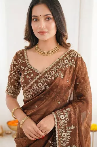 Brown embellished embroidered satin heavy work saree