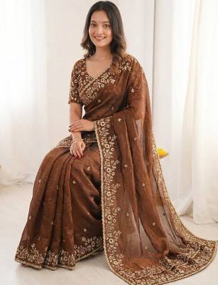 Brown embellished embroidered satin heavy work saree 3