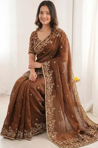 Brown embellished embroidered satin heavy work saree