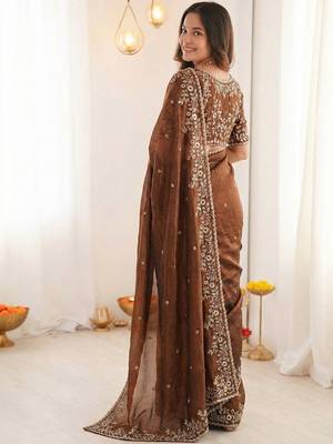 Brown embellished embroidered satin heavy work saree 4
