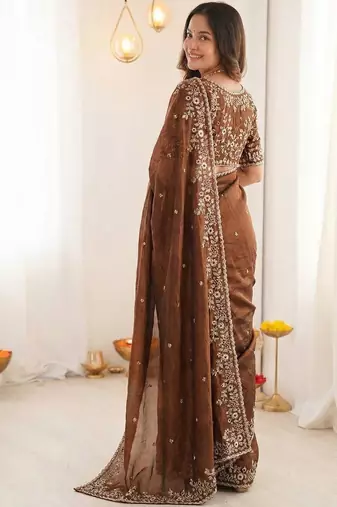 Brown embellished embroidered satin heavy work saree