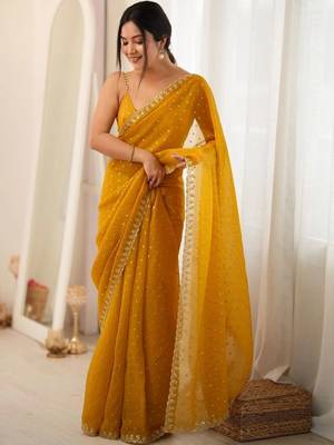 yellow embellished zari poly chiffon designer saree 1